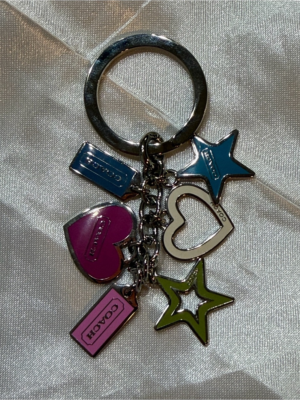 Coach Multicolor Heart & Star Charm Key Ring - Pink Blue Green White